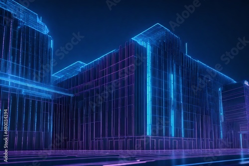 3D wireframe model of a futuristic building with digital overlays