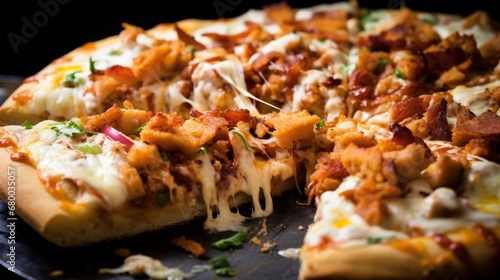Extreme close-up of a Chicken Bacon BBQ Ranch Pizza showcasing layers of flavor