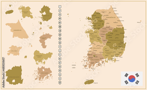 South Korea - detailed map of the country in brown colors, divided into regions.