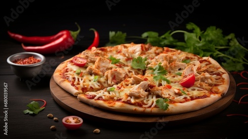 Thai Chicken Pizza on a dark background, with selective lighting emphasizing the textures and flavors.