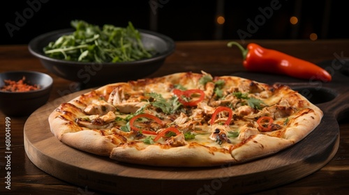 Thai Chicken Pizza served on a wooden tray, with a hint of smoke adding a rustic and authentic touch.