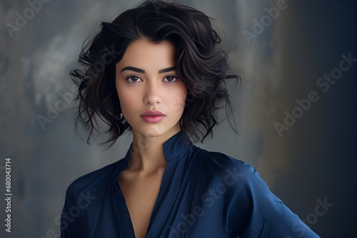 Portrait of a stylish caucasian woman model with black bob hairstyle. Generative AI.