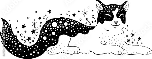 Black tattoo art with magic celestial cat. Fantasy mystic animal silhouette with space and stars pattern. Sketch of cute kitten, witch pet, vector hand drawn illustration