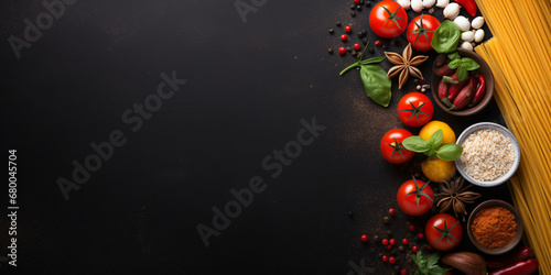 Different kinds of pasta on black chalkboard. Menu background with free text space. Top view