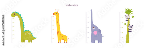 Kids height ruler in inches for growth measure. Cute animals set vector illustration for kindergarten or home. Wall sticker with cheerful giraffe, dinosaur, elephant and pandas