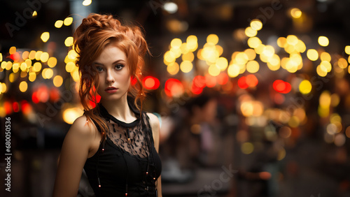 Fashion Model Frau mit roten Haaren im extravaganten ausgefallenen designer schwarzen Abendkleid und Bokeh Lichter im Hintergrund, ai generativ