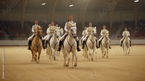 A group of riders performs a thrilling quadrille routine in the riding arena.