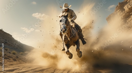 A mesmerizing display of horse riding mastery unfolds as a cowboy and his horse perform breathtaking maneuvers.