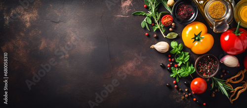 Vegetables, olive oil and spices for cooking on dark vintage background. Healthy food. Vegetarian eating. Top view. Dark rustic background layout with free text space.