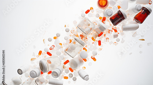 Prescription medicine drug pills scattered on white countertop addiction opioid epidemic crisis painkiller benzodiazepine 