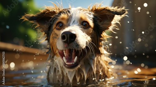 A Playful Mutt Enjoying A Sprinkler On A Hot Day , Background For Banner, HD