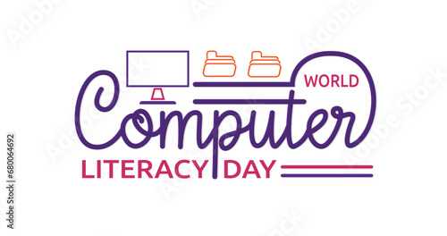 World Computer Literacy Day handwritten text calligraphy with computer and folder icon. Reminds us to contribute quota towards making computers accessible and easy to understand. Vector illustration 
