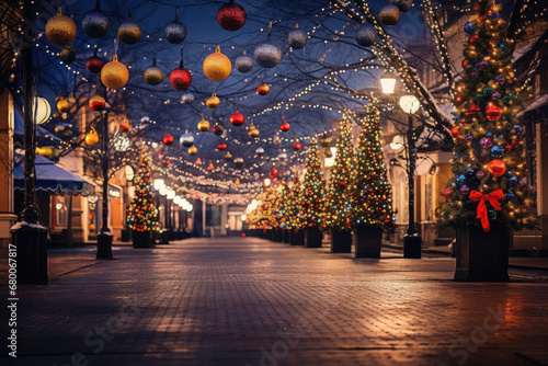 The festive atmosphere of a Christmas festival with a photo of a decorated street, featuring colorful lights, ornaments, and cheerful holiday decorations