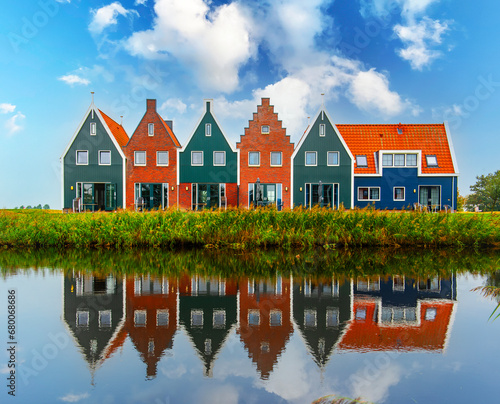 Volendam town in Holland. Beautiful colored houses in Volendam.