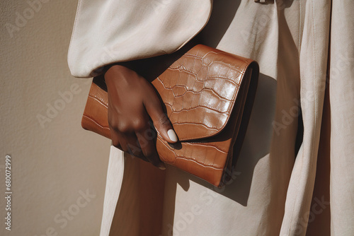 Stylish woman's hand holding a brown leather clutch bag in a studio setting. Trendy and fashionable with a focus on accessories. 