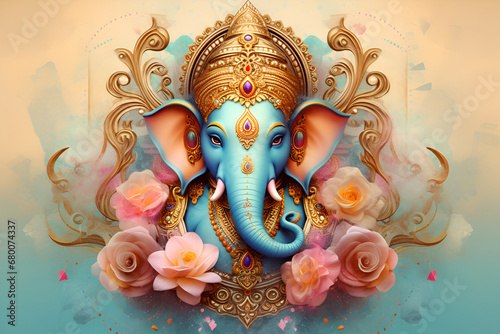 Ganesha, a Hindu mythological deity, embellished with flowers and adorned in golden decorations