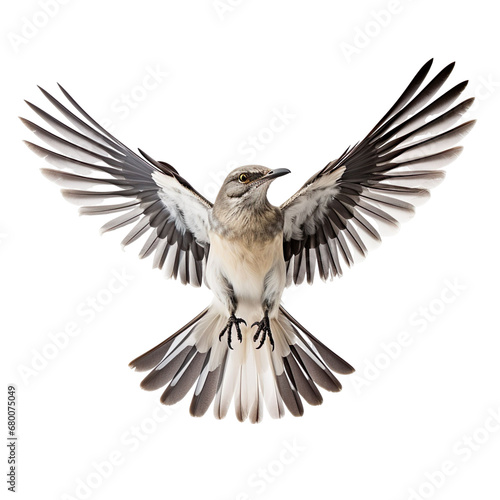 front view of Northern Mockingbird. bird with wings open and landing isolated on a white transparent background 