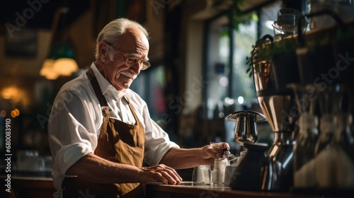Portrait mature man barista business owner 50, 60, 70 years old in a cafe, works as a barista, makes coffee, cappuccino. Concept of retirees returning back to work, elderly employees, Unretirement