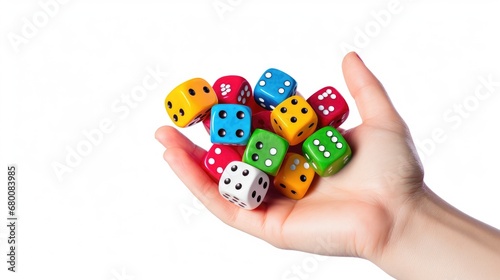 Female hand holds dice in the air. Game with dice, Gambling luck concept: bet, risk, have luck, win. lucky