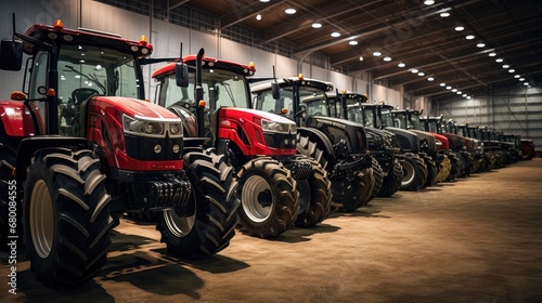 Farming excellence: A captivating image of an exhibition where new tractors are lined up in a precise row, showcasing the latest advancements in agricultural technology.