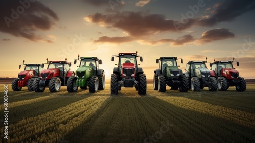 Farming excellence: A captivating image of an exhibition where new tractors are lined up in a precise row, showcasing the latest advancements in agricultural technology.