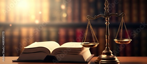 Legal concept image with backlit scales of justice and row of law books Hazy lighting is suitable for text copy Copy space image Place for adding text or design
