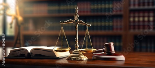 Legal concept illustration of Justice Scales and law books on a desk Copy space image Place for adding text or design