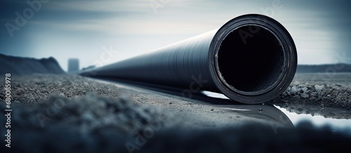 Large round deep concrete pipe hole with blurry foreground and white background Related to drilling drainage pipelines mining and factory sewage Copy space image Place for adding text or design