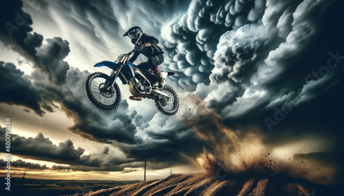Motocross rider launches into the air, set against a dramatic sky. The rider, clad in full gear, is in perfect focus, with the bike's tires spinning off a trail of dirt.