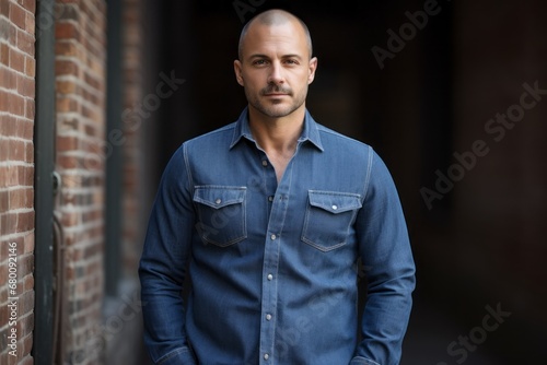 Portrait of a content man in his 40s sporting a versatile denim shirt against a vintage brick wall. AI Generation