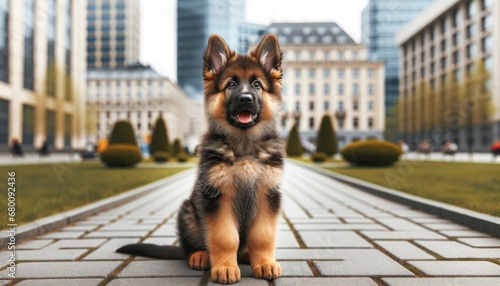 Close-up photograph of a German Shepherd puppy (Canis lupus familiaris) in a city park, showcasing an alert expression and fluffy coat. 