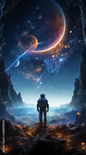 a man in space suit looking at planets and stars