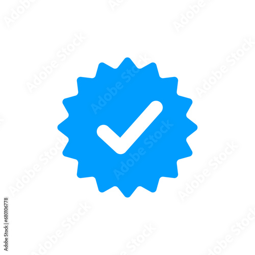 Blue check mark tick verification icon symbol. Confirm checkmark label approval quality product verification blue tick.