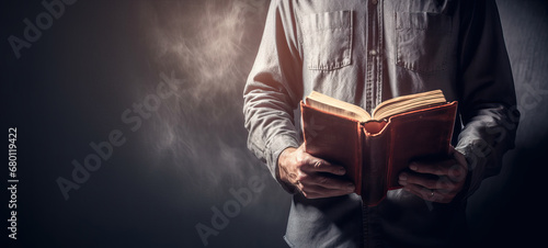 Bible Study Banner with Copyspace, Man Reading Bible