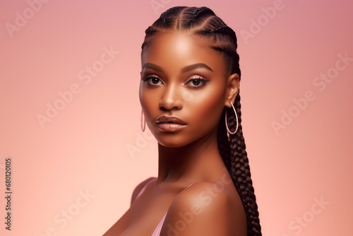 The portrait of an attractive young black female model in pink outfit with braids hairstyle and full makeup isolated on a pink background, shot in a studio. Generative AI.