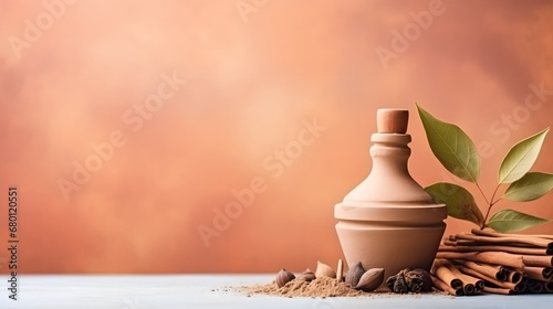 Selective focus isolated pastel background Copy space leaves with miniature bottle containing traditional perfume or oil along with sticks 