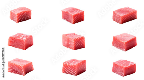 Collection of PNG. Raw bluefin tuna cube meat isolated on a transparent background.