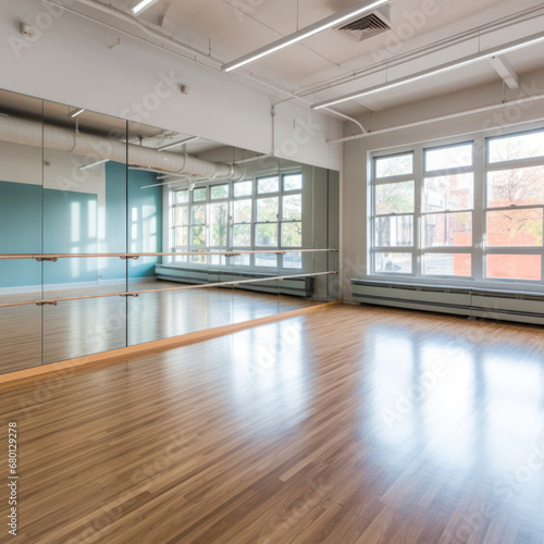 A spacious dance studio with a large empty mirror 