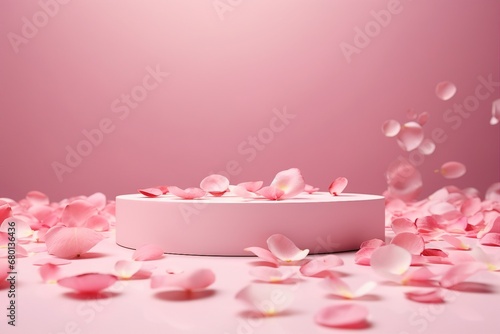 Pink product podium placement on solid background with rose petals falling. Luxury premium beauty, fashion, cosmetic and spa gift stand presentation. Valentine day present showcase. generative ai.