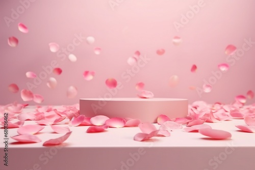 Pink product podium placement on solid background with rose petals falling. Luxury premium beauty, fashion, cosmetic and spa gift stand presentation. Valentine day present showcase. generative ai.