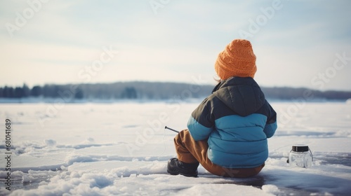 Little kid sitting on the ice, ice fishing in winter