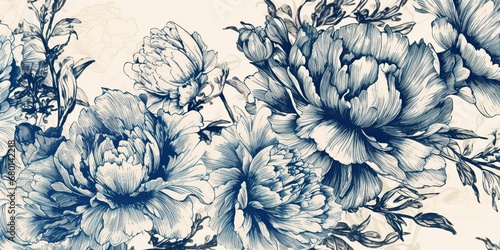 AI Generated. AI Generative. Retro vintage paint drawing ink sketch peonies flowers in blue old style. Can be used for decoration of wedding card or romantic fashion postcard. Graphic Art