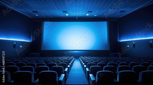 Empty of cinema in blue color with white blank screen. Mockup of hall, no people and auditorium, Generative Ai