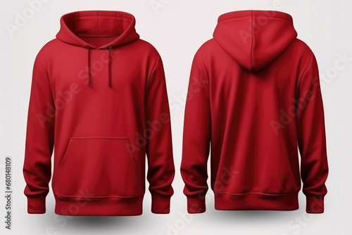 Set of red front and back view tee hoodie hoody sweatshirt on transparent background cutout, PNG file. Mockup template for artwork graphic design.