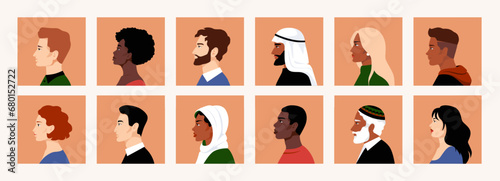 People faces. Woman and man portrait or avatar side view, old and young person head, Asian and arab girls and boys, different hairstyle, various race. Cartoon flat isolated vector set