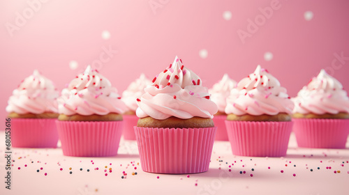 Delicious birthday pink cupcakes wallpaper. 3d render illustration style. Classic muffins with a swirl of whipped cream custard. Banner for pastry shop.