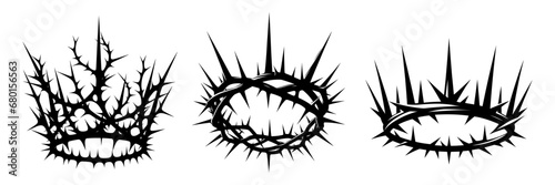 Crown of thorns icons set. Black silhouette of a religious symbol of Christianity.