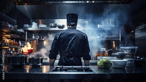 Pressure Cook: The Culinary Journey of a Man in the Kitchen, man from behind in a black kitchen outfit, high gastronomy banner, intense atmosphere 
