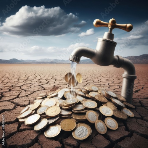 Hands grabbing money in a drought, climate change and cities without clean water, desertification of the earth
