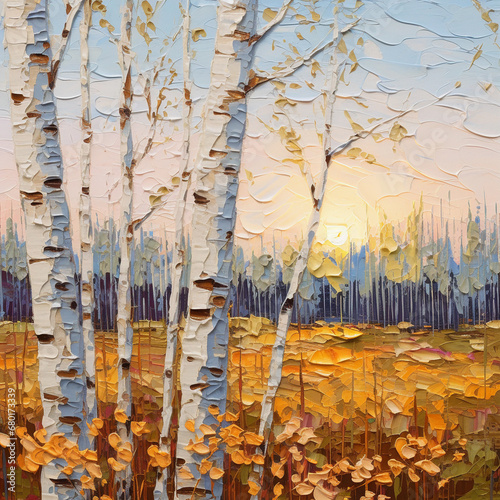 Oil painting of birch forest at sunset. Autumn landscape. Impasto, printable square artwork
